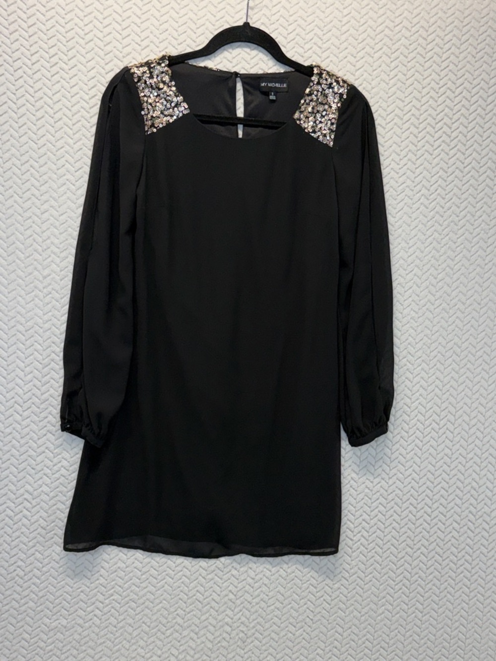 My Michelle Black Long-Sleeve Shift Dress with Sequin Shoulder Accents